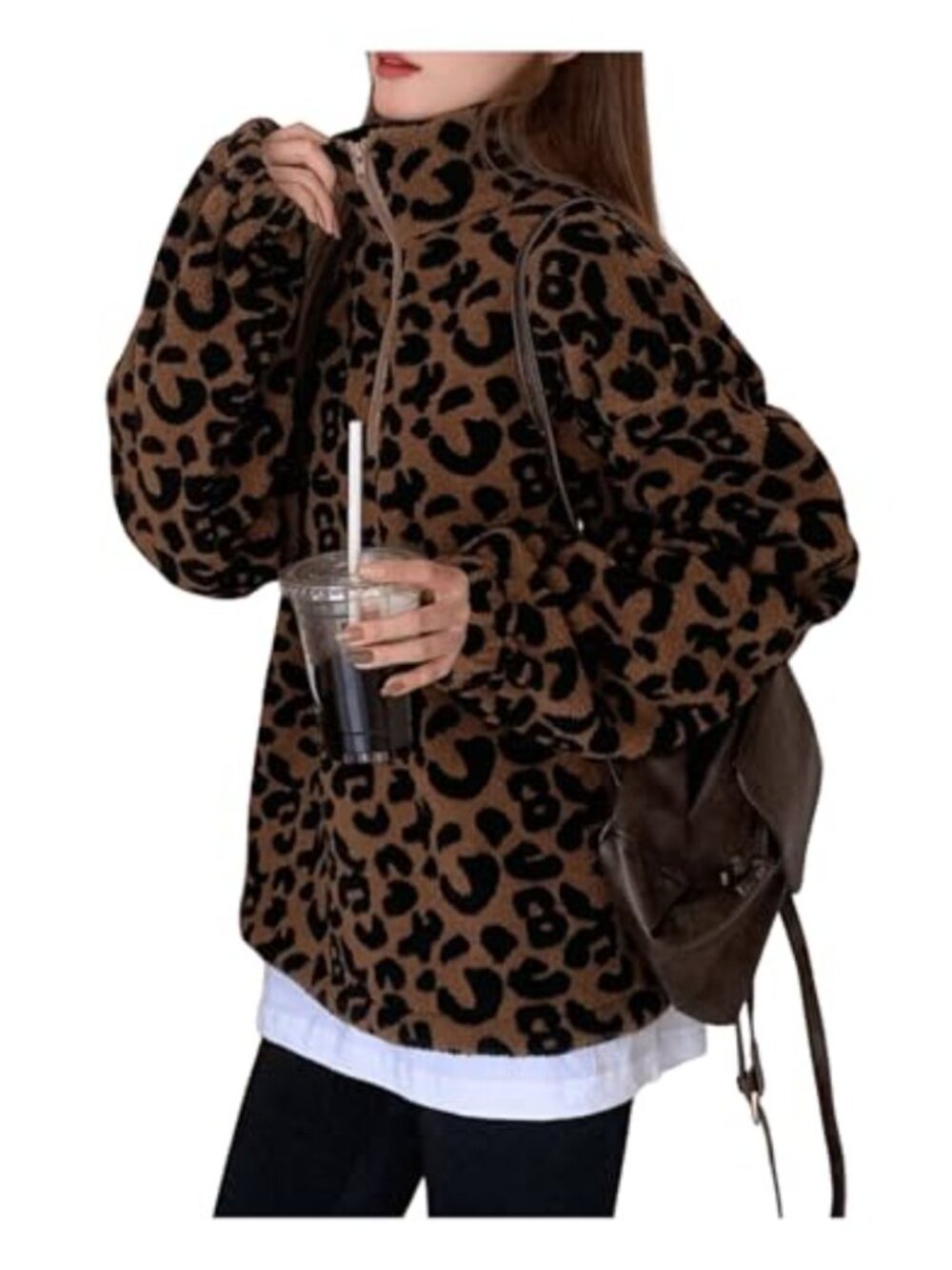 Women's Leopard Print Half Zip Fleece Sweatshirt Oversized Pullover Long Sleeve